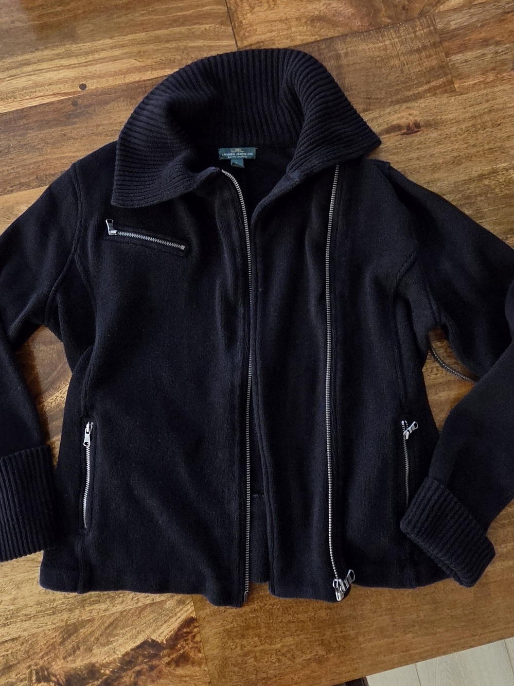 {Lauren Jeans Company by Ralph Lauren} Black knit moto-style zip jacket Size L